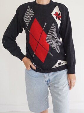 Vintage Joyce Black Sweater Indie Sleaze Old Money Knit Argyle Graphic L